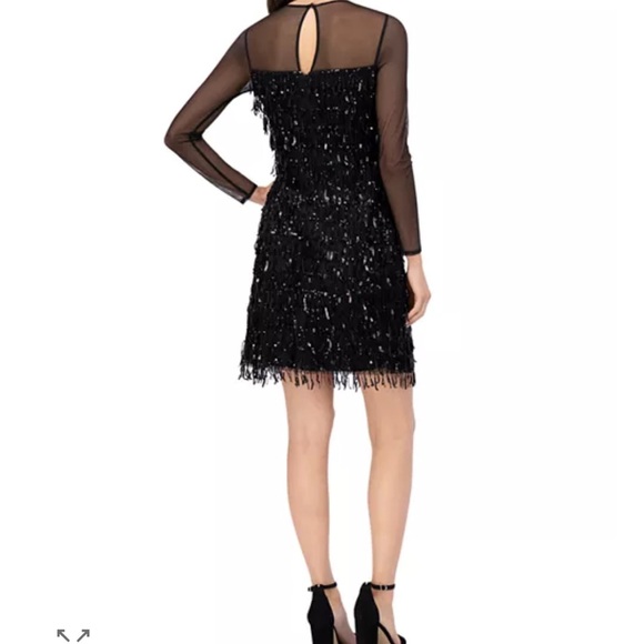 Eliza J Illusion Sequin Fringe Shift Dress  0 Cocktail See Through Arms Black - Picture 2 of 6